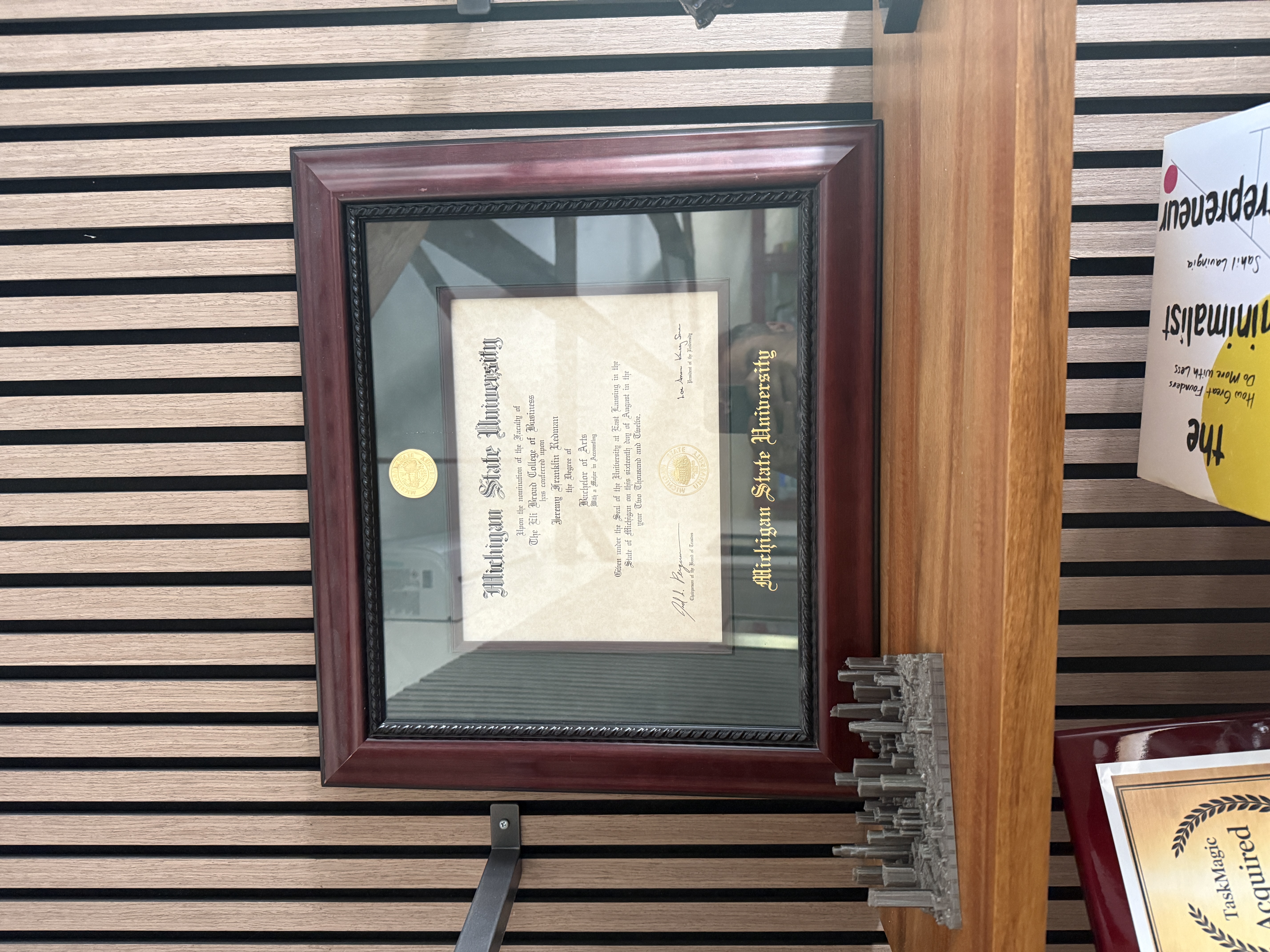 Jeremy Redman's framed Michigan State University diploma